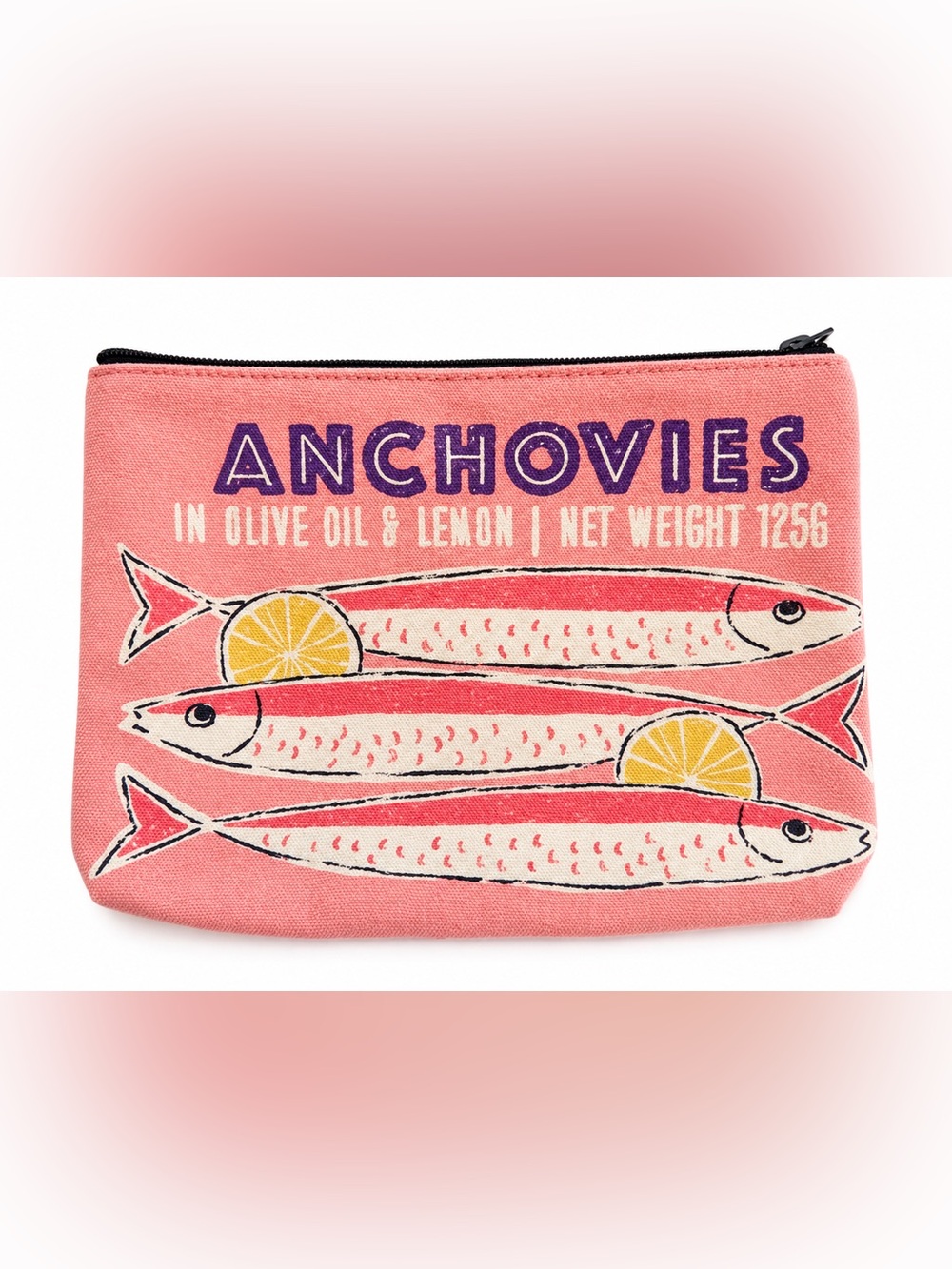 Anchovies Zipper Pouch - Pink with Yellow Lemon Graphics